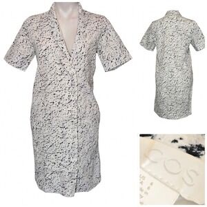 COS White Black Splatter Print Cotton Shift Dress Shawl Collar Pockets Size 6